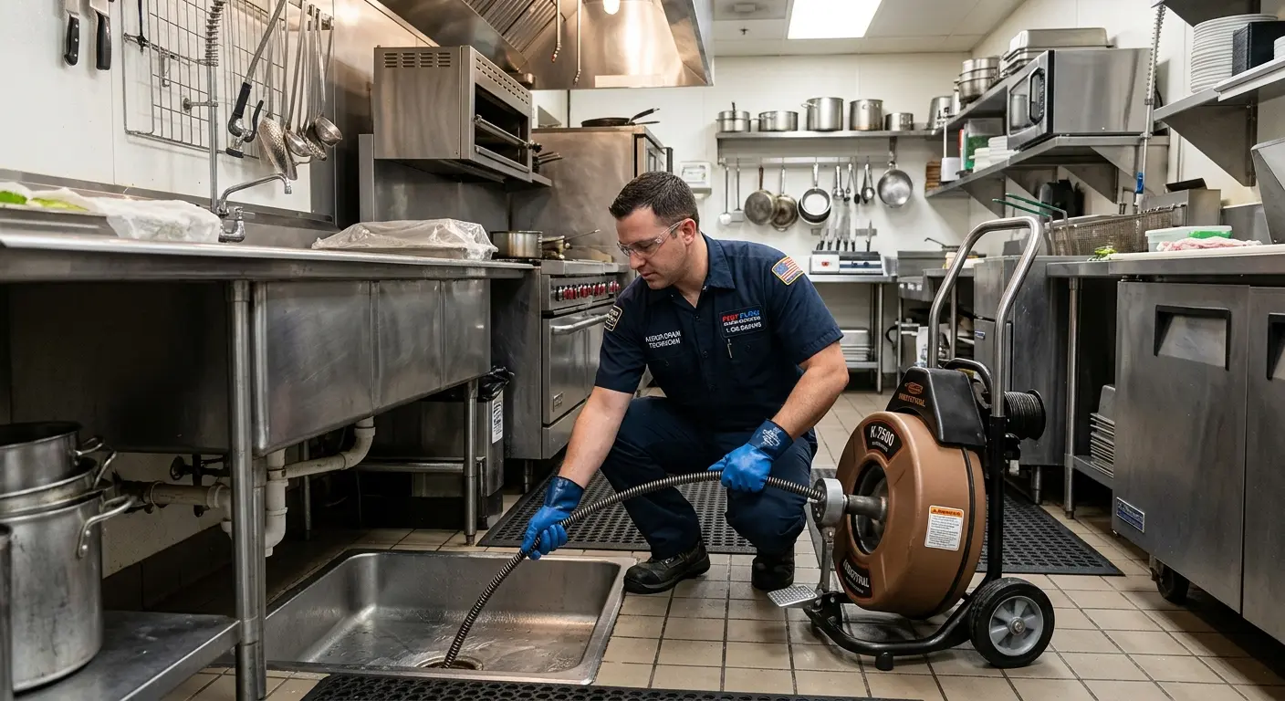 Commercial drain cleaning service in a restaurant kitchen in North Fond du Lac