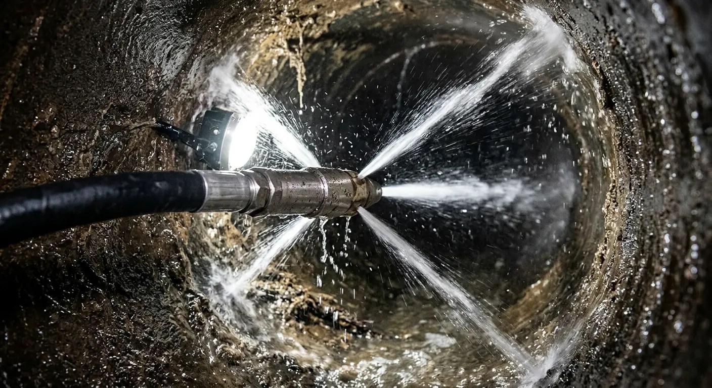 High-pressure hydro jetting nozzle cleaning sewer pipe for Trenchless Sewer Repair in North Fond du Lac