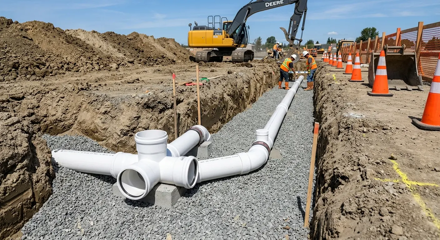 New PVC sewer pipe installation in open trench for Sewer Backup in North Fond du Lac