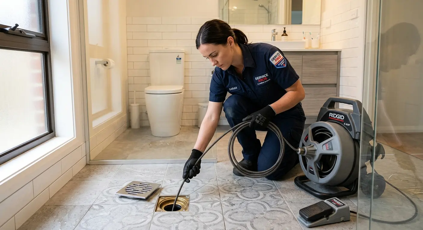 Technician clearing a bathroom floor drain for Drain Cleaning in North Fond du Lac